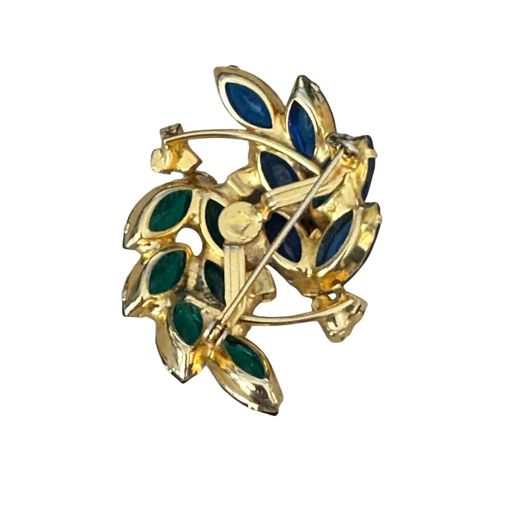 Vintage Rich Saphire Emerald Glass Rhinestone Gold Tone Brooch Pin 2" x 1.5" - Picture 3 of 5